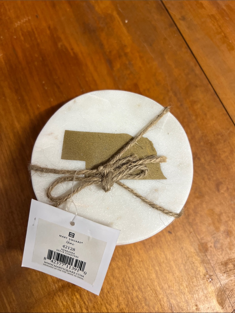 Mary Square White Marble Coaster Set with Gold Nebraska Accent